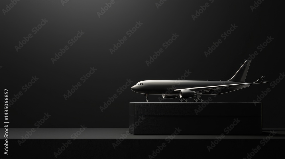 A sleek model airplane displayed on a minimalistic dark background. A sleek model airplane displayed on a minimalistic dark background.