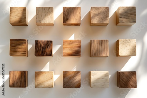 Array of Rustic Wooden Cubes on White Wall with Shadows and Varied Grain Patterns