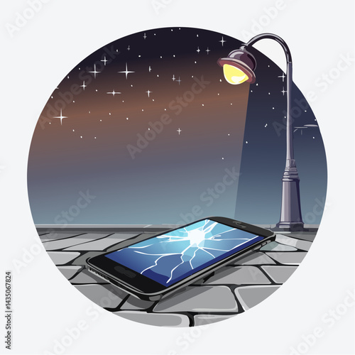A modern smartphone with a shattered screen, one corner dented, lying screen-down on pavement under a flickering streetlight, with a single message notification glowing faintly.
