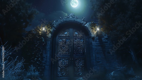 Moonlit Gate with Lanterns in Enchanted Forest