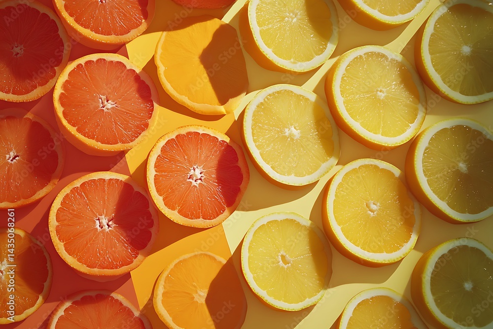 Citrus Fruit Grapefruit, Lemon, and Orange Slices on a Vibrant Yellow Backdrop
