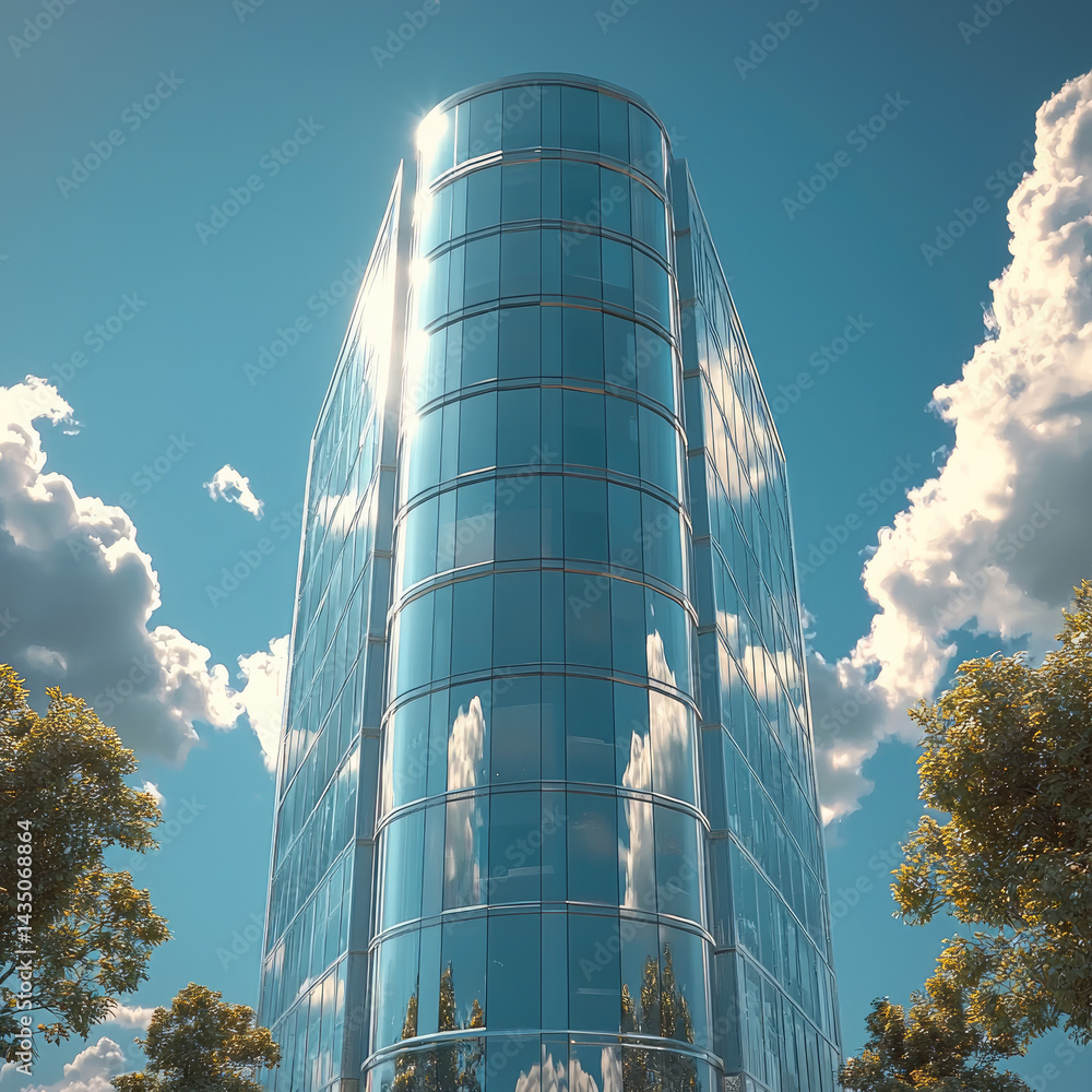 Modern glass office building with curved architecture reflecting blue sky and clouds, surrounded by green trees, creating futuristic and vibrant urban atmosphere