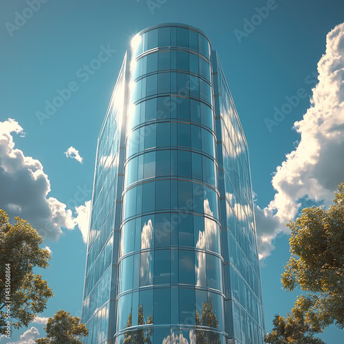 Obraz na płótnie Modern glass office building with curved architecture reflecting blue sky and clouds, surrounded by green trees, creating futuristic and vibrant urban atmosphere w salonie