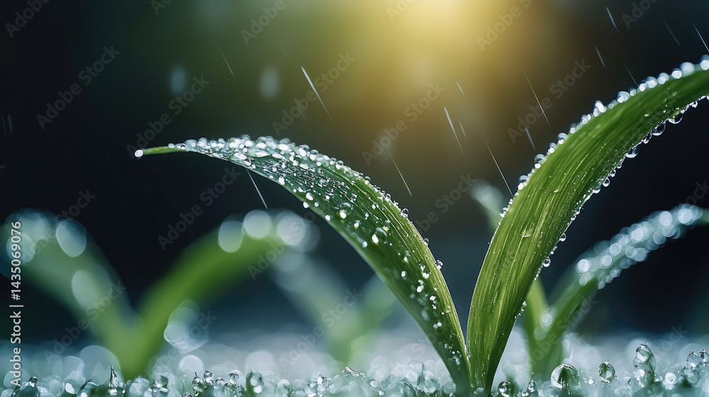 Fresh green grass blade with water droplets and sunlight, close up, nature background, morning dew, rain, and growth concept, vibrant and refreshing atmosphere