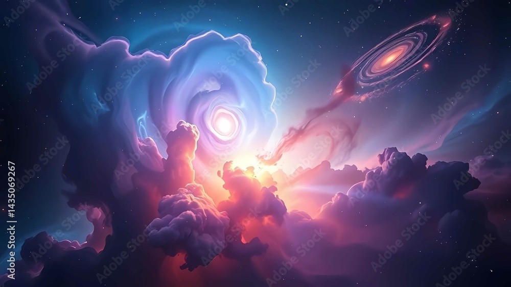 Naklejka premium Radiant nebula swirling in sapphire, purple, and gold hues with glowing stars and smooth, elegant texture