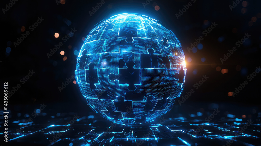 Futuristic digital sphere made of glowing blue puzzle pieces, floating above dark illuminated surface, symbolizing technology, innovation, and connection in modern world