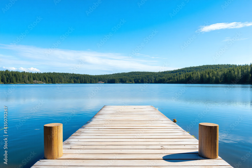 Obraz premium wooden dock on a lake with trees in the background