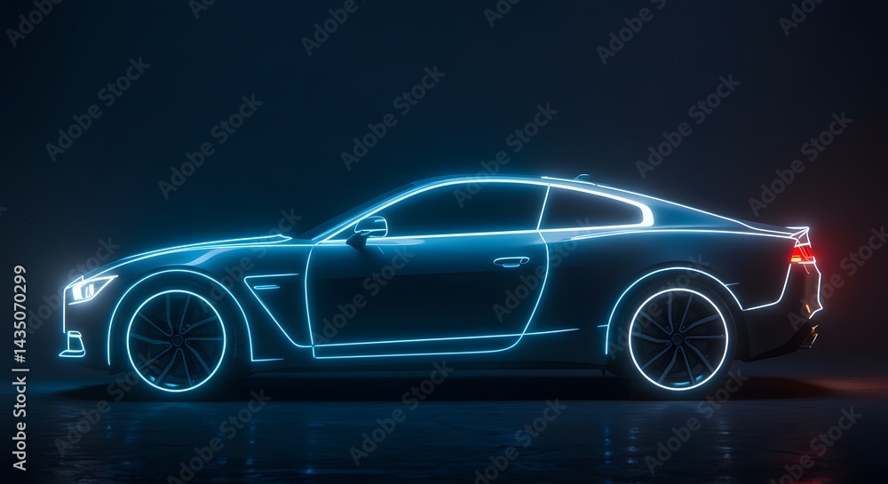 Fototapeta premium Futuristic Sport Car with Neon Glow Outline on Dark Reflective Surface