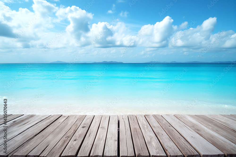 wooden deck overlooking the ocean with a blue sky and clouds wooden deck overlooking the ocean with a blue sky and clouds