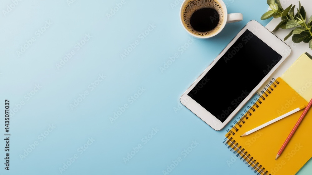 A tidy workspace featuring a tablet, a cup of coffee, colorful notebooks, and a plant against a light blue background.