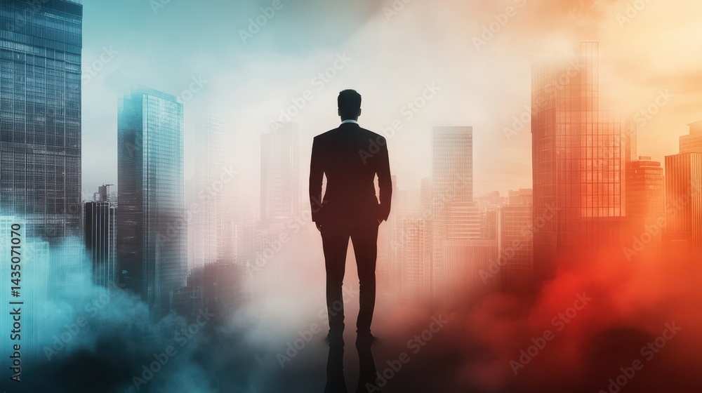 A silhouette of a suited figure stands against a city skyline, shrouded in colorful fog, evoking a sense of mystery and ambition.