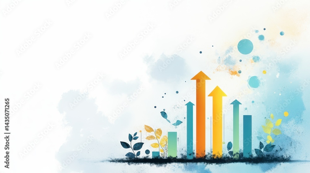 Fototapeta premium A colorful, abstract design featuring upward arrows and plants, symbolizing growth, progress, and innovation in a vibrant environment.