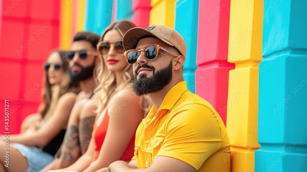A vibrant group of friends poses stylishly against a colorful backdrop, showcasing modern fashion and sunglasses in a lively, summer atmosphere.