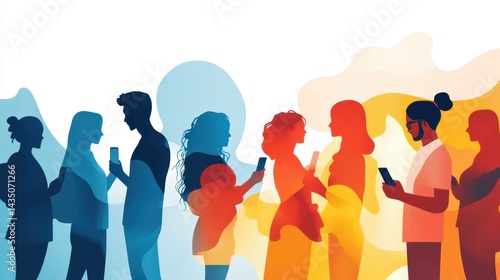 A colorful silhouette illustration of people interacting with smartphones, showcasing modern communication and connection.