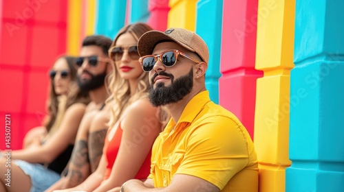 A vibrant group of friends poses stylishly against a colorful backdrop, showcasing modern fashion and sunglasses in a lively, summer atmosphere.
