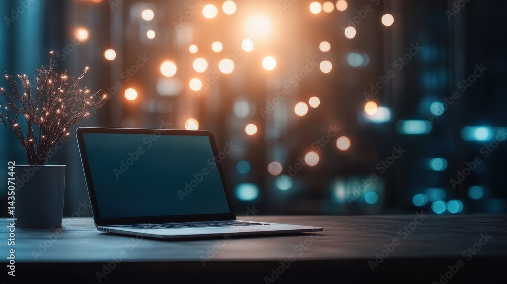 A serene workspace features a laptop and a decorative plant, illuminated by soft bokeh lights in the background, creating a cozy atmosphere.