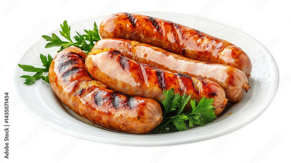 plate of four grilled sausages garnished with fresh parsley. showcasing a delicious and appetizing presentation ideal for a meal or barbecue setting the sausages have a golden-brown color and grill ma plate of four grilled sausages garnished with fresh parsley. showcasing a delicious and appetizing presentation ideal for a meal or barbecue setting the sausages have a golden-brown color and grill ma