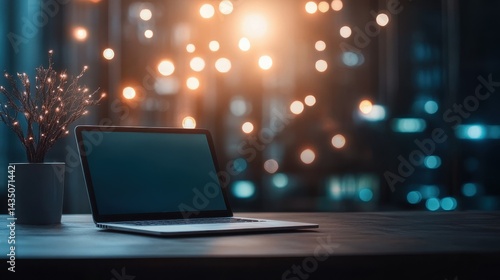 Obraz na płótnie A serene workspace features a laptop and a decorative plant, illuminated by soft bokeh lights in the background, creating a cozy atmosphere. w salonie
