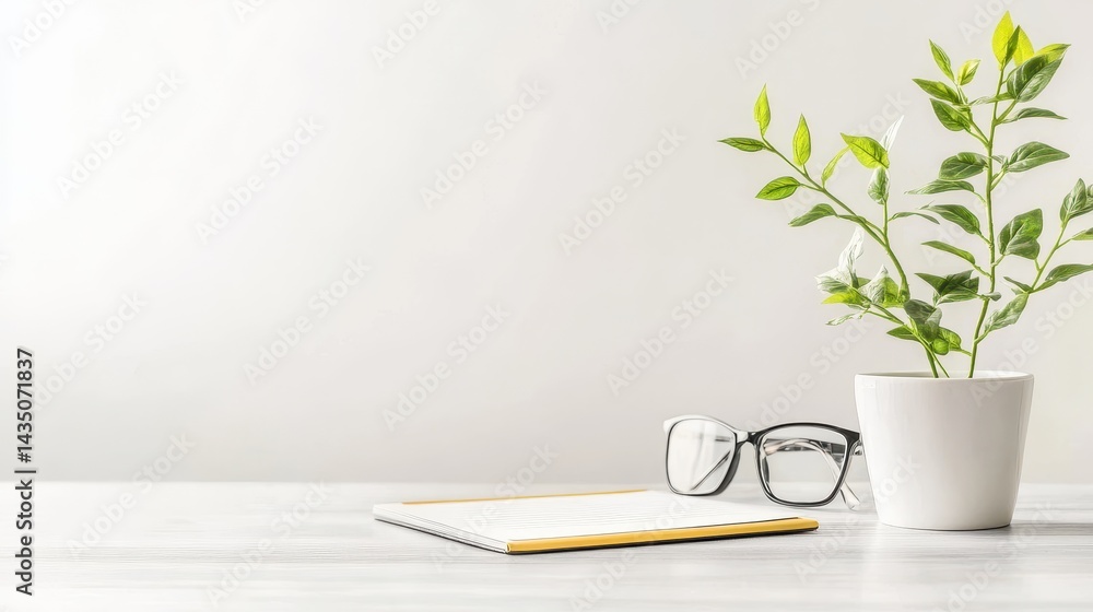 A minimalist workspace featuring a potted plant, glasses, and a notebook on a light wooden surface, creating a serene atmosphere.
