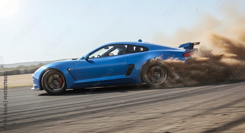 Fototapeta premium Blue Sports Car Drifting on Racetrack Kicking Up Dust with Motion Blur