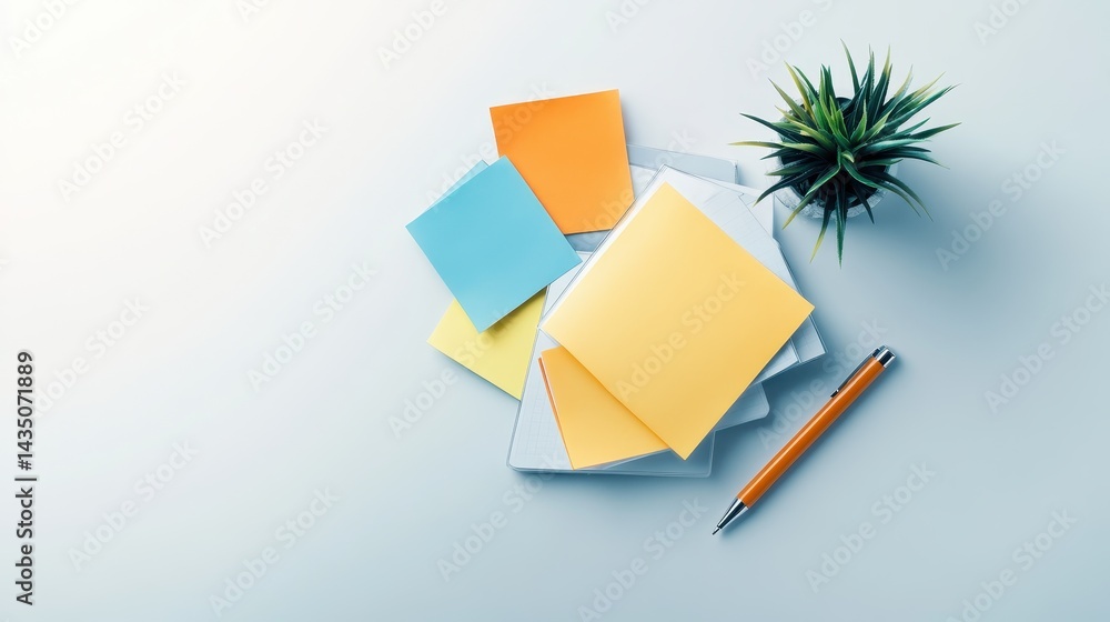 A neat arrangement of colorful sticky notes, a pen, and a small potted plant on a light background, creating a workspace aesthetic.