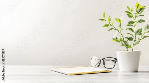 Obraz na płótnie A minimalist workspace featuring a potted plant, glasses, and a notebook on a light wooden surface, creating a serene atmosphere. w salonie
