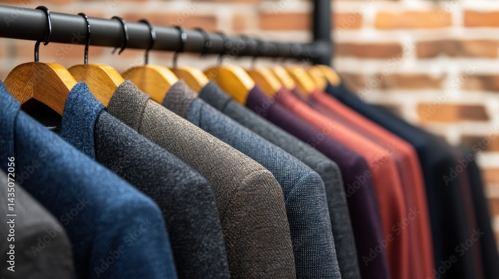 A row of stylish jackets hangs on a rack, showcasing various colors and textures against a textured brick wall background.