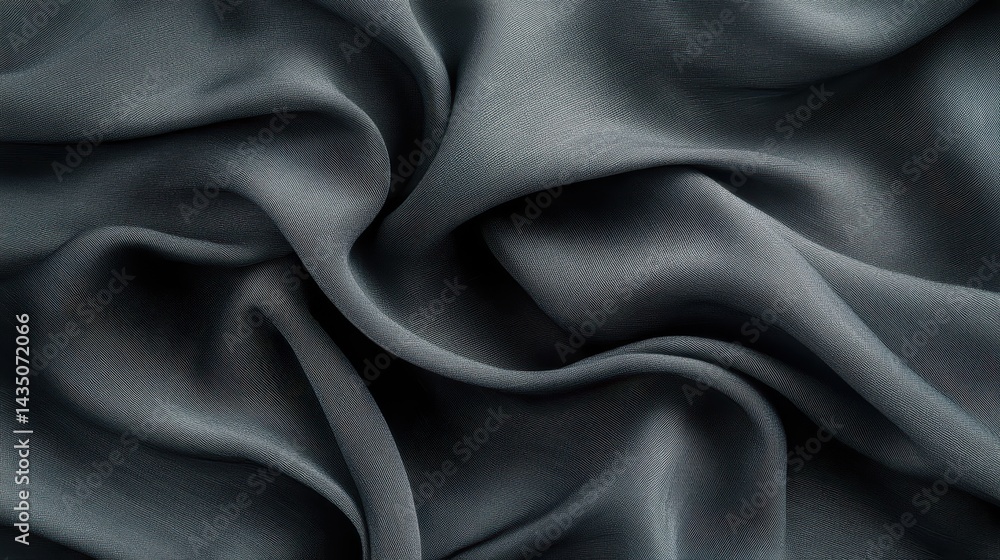 A close-up of soft, flowing fabric in dark gray, showcasing intricate folds and smooth texture.