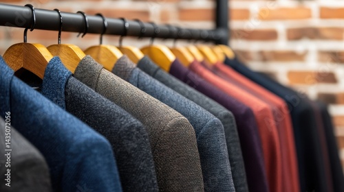 Obraz na płótnie A row of stylish jackets hangs on a rack, showcasing various colors and textures against a textured brick wall background. w salonie