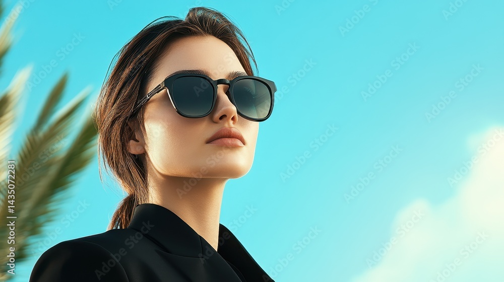 A stylish woman wearing sunglasses poses confidently against a bright blue sky, exuding elegance and a fashionable vibe.