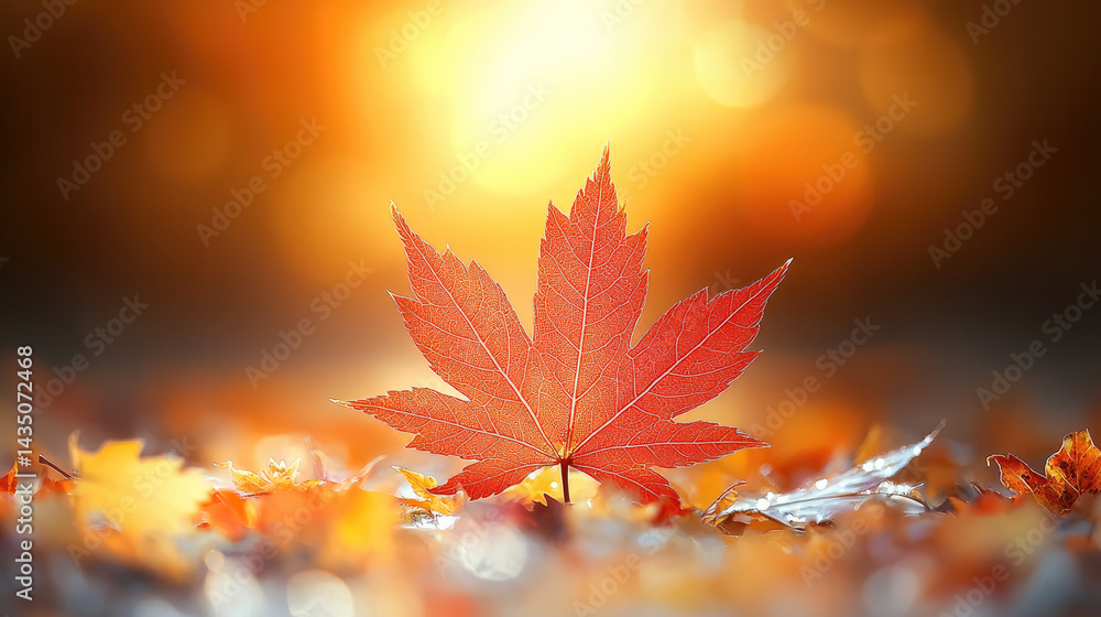 Red maple leaf stands upright on ground surrounded by autumn foliage, glowing in warm sunlight with soft, dreamy bokeh background, evoking peaceful, serene mood