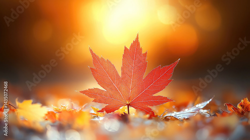Obraz na płótnie Red maple leaf stands upright on ground surrounded by autumn foliage, glowing in warm sunlight with soft, dreamy bokeh background, evoking peaceful, serene mood w salonie