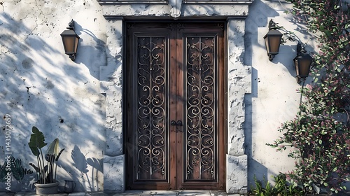 Wrought Iron Double Doors Framed by Lanterns and Stucco Wall