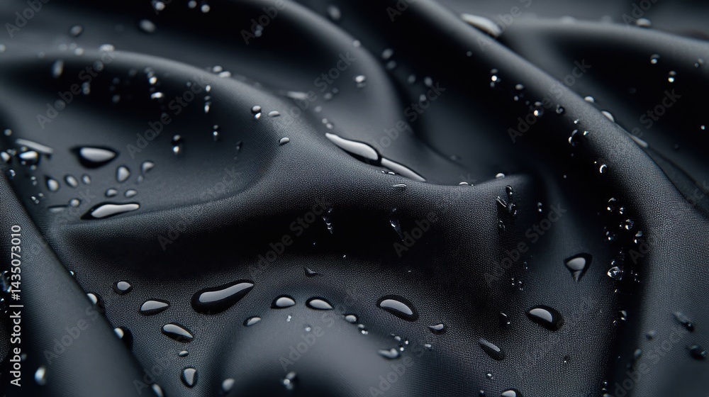 A close-up of black fabric with water droplets, showcasing texture and the interplay between light and shadow on the surface.