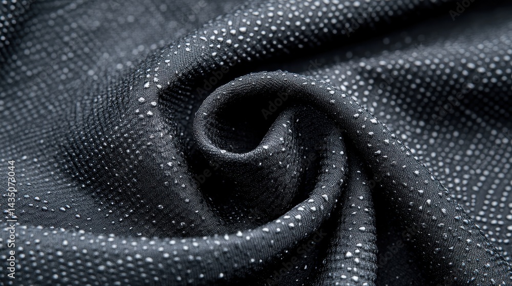 A close-up view of black fabric with a textured surface, adorned with tiny droplets of water, showcasing elegance and sophistication.