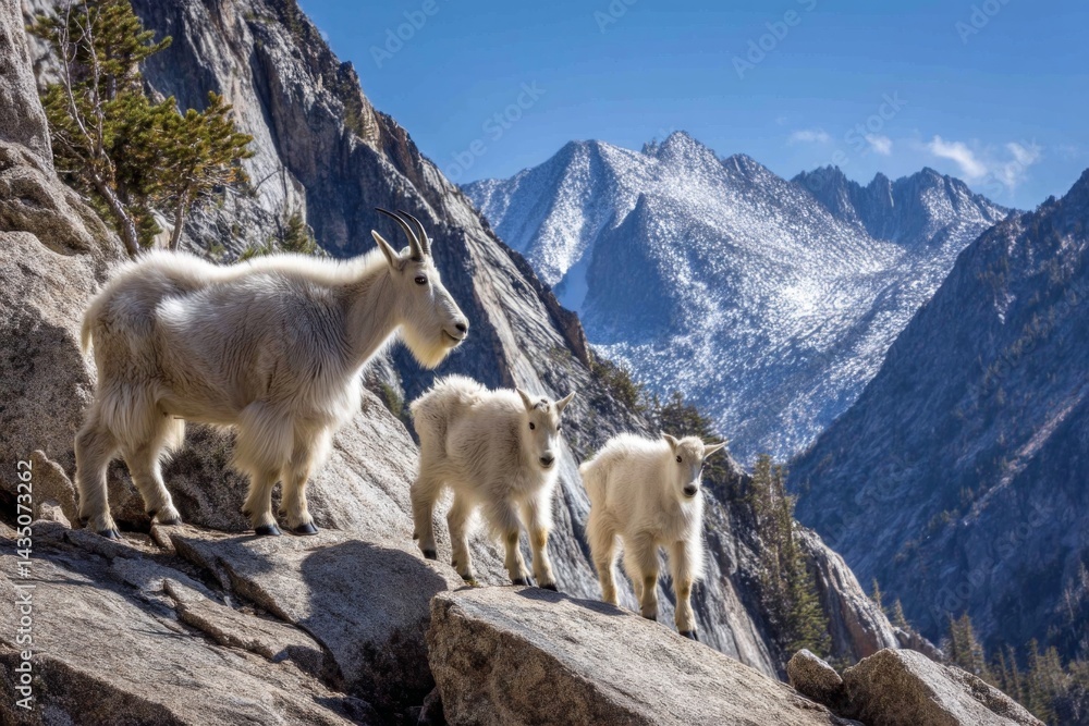 Naklejka premium mountain goats standing alert on a jagged ridgeline at noon, their muscular bodies perfectly adapted to the steep terrain, bluebird skies emphasizing their silhouettes