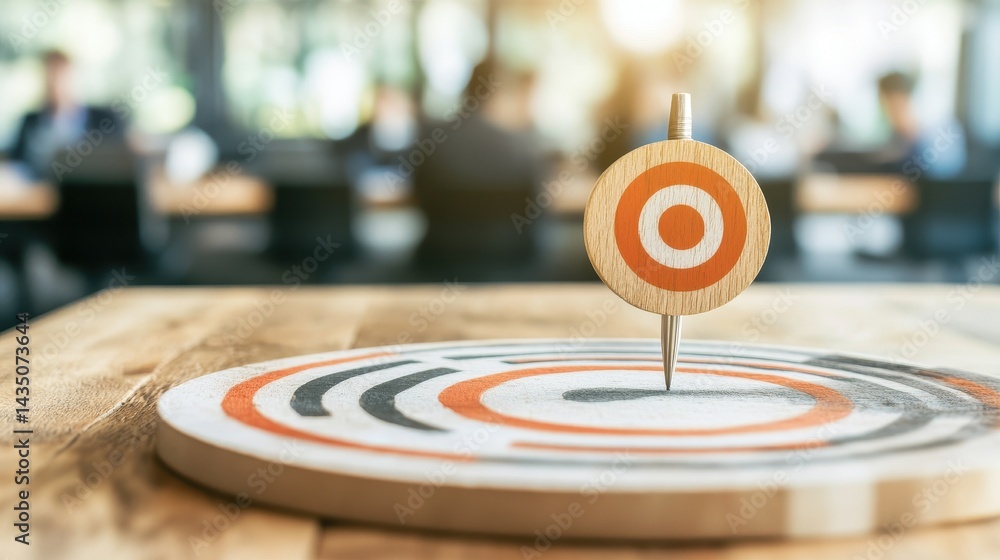 A wooden spinning top rests on a circular target, symbolizing focus and precision in a modern workspace.