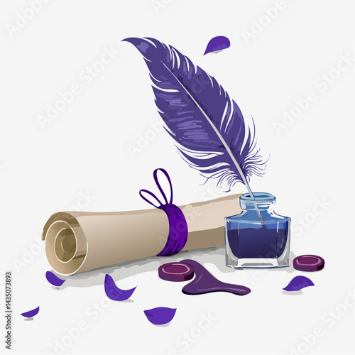 A feather quill with deep violet ink dripping from its tip, resting beside a rolled parchment, surrounded by wax seals, dried petals, and an antique inkwell.
