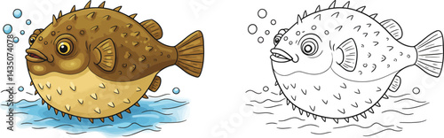 Cute Pufferfish in the Water: A captivating illustration of a charming pufferfish, exuding playful character, navigating through the gentle water, surrounded by bubbles.