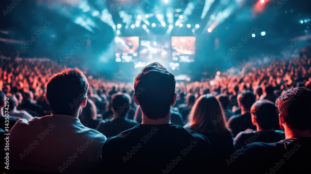 A vibrant concert scene featuring a crowd captivated by a performance, illuminated by dynamic lights and projected visuals.