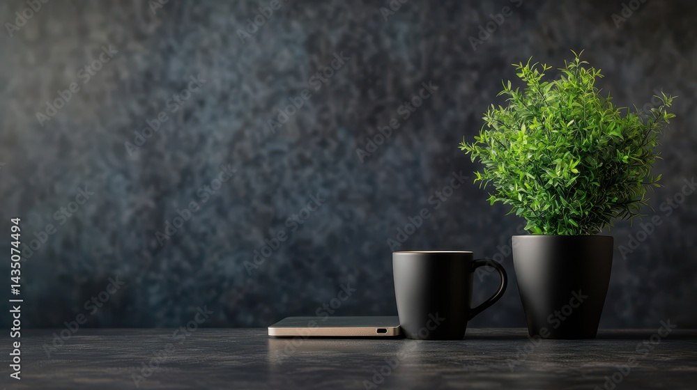 A minimalist setup featuring a black cup, a smartphone, and a green potted plant against a dark textured background.