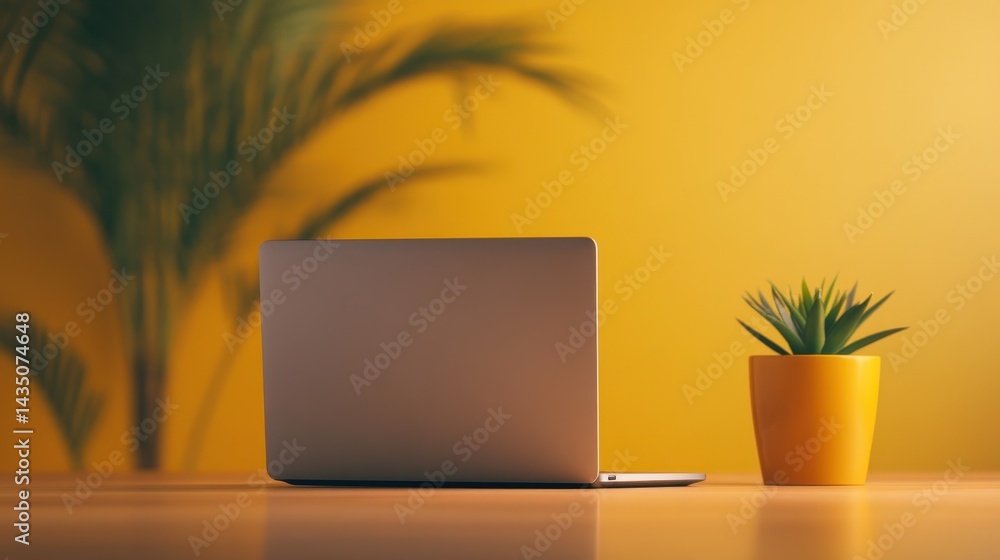 A minimalistic workspace featuring a laptop and a potted plant against a bright yellow background.