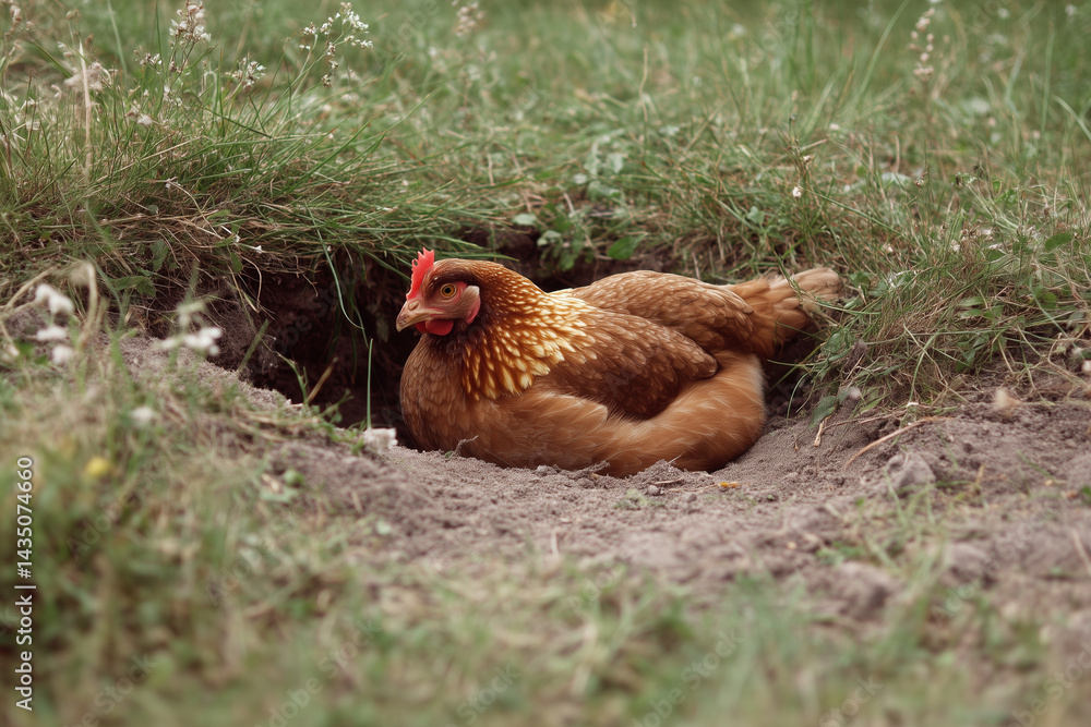 Fototapeta premium Hen Resting in Nest on the Ground