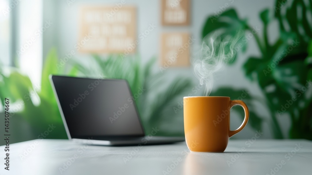 A warm cup of coffee sits beside a laptop, surrounded by lush greenery, creating a cozy and productive workspace atmosphere.