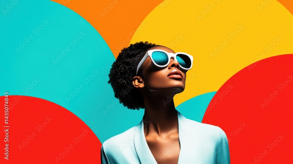 A stylish individual wearing sunglasses poses against a vibrant, colorful background of circles, exuding confidence and a modern aesthetic.
