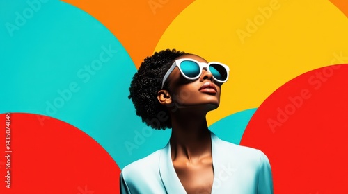 Obraz na płótnie A stylish individual wearing sunglasses poses against a vibrant, colorful background of circles, exuding confidence and a modern aesthetic. w salonie