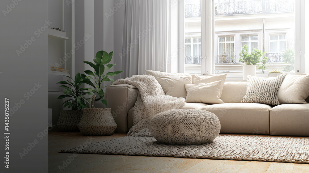 Cozy living room with beige sofa knitted pouf textured rug throw blanket decorative pillow indoor plant and large window with sheer curtain creating calm atmosphere