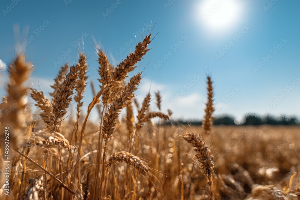 Fototapeta premium Ripe Wheat Field Grain Agriculture Blue Sky Rural Scenery Sunny Day Closeup