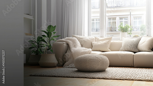 Obraz na płótnie Cozy living room with beige sofa knitted pouf textured rug throw blanket decorative pillow indoor plant and large window with sheer curtain creating calm atmosphere w salonie