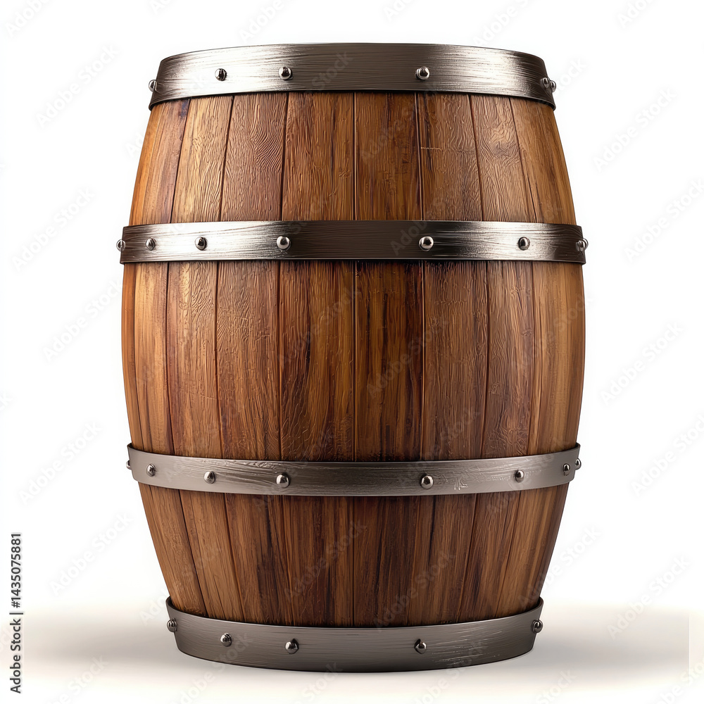 Large brown wooden barrel with metal bands, rustic texture, isolated on white background, traditional storage container, vintage style, sturdy and classic appearance